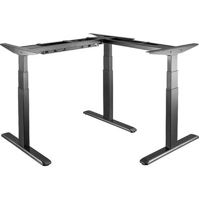 Un socle de table réglable en hauteur, de forme L, en noir, adapté aux environnements de bureau ou de travail.