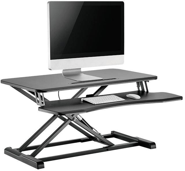 Support de bureau noir réglable en hauteur avec moniteur, clavier et souris. Idéal pour travailler de manière ergonomique, debout ou assis.