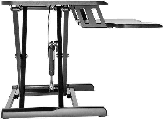 Un support de bureau réglable en hauteur, noir, avec un plateau séparé pour clavier et un mécanisme à ressort à gaz, conçu pour un travail ergonomique.