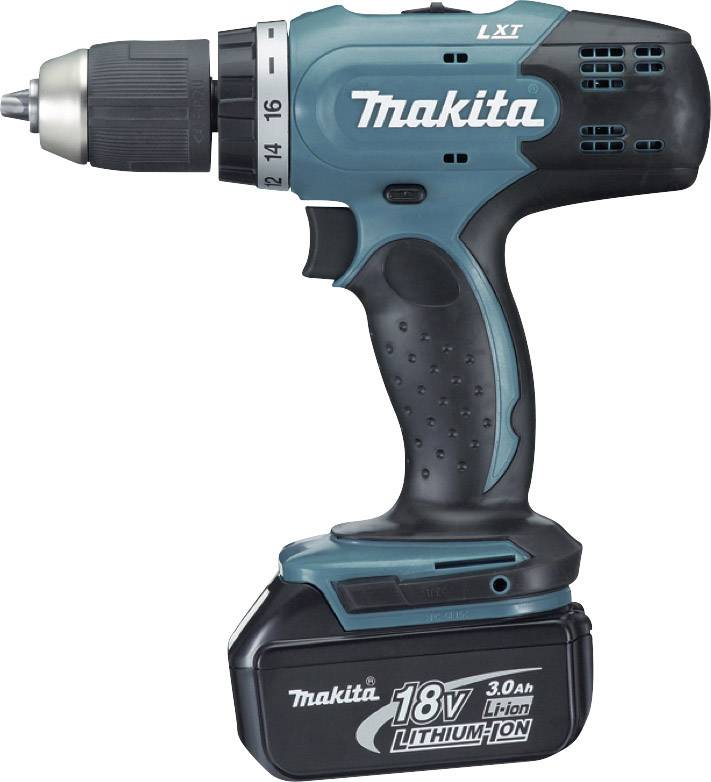 Perceuse sans fil Makita, modèle LXT, avec batterie lithium-ion 18V, conçue ergonomiquement, principalement en bleu et noir.