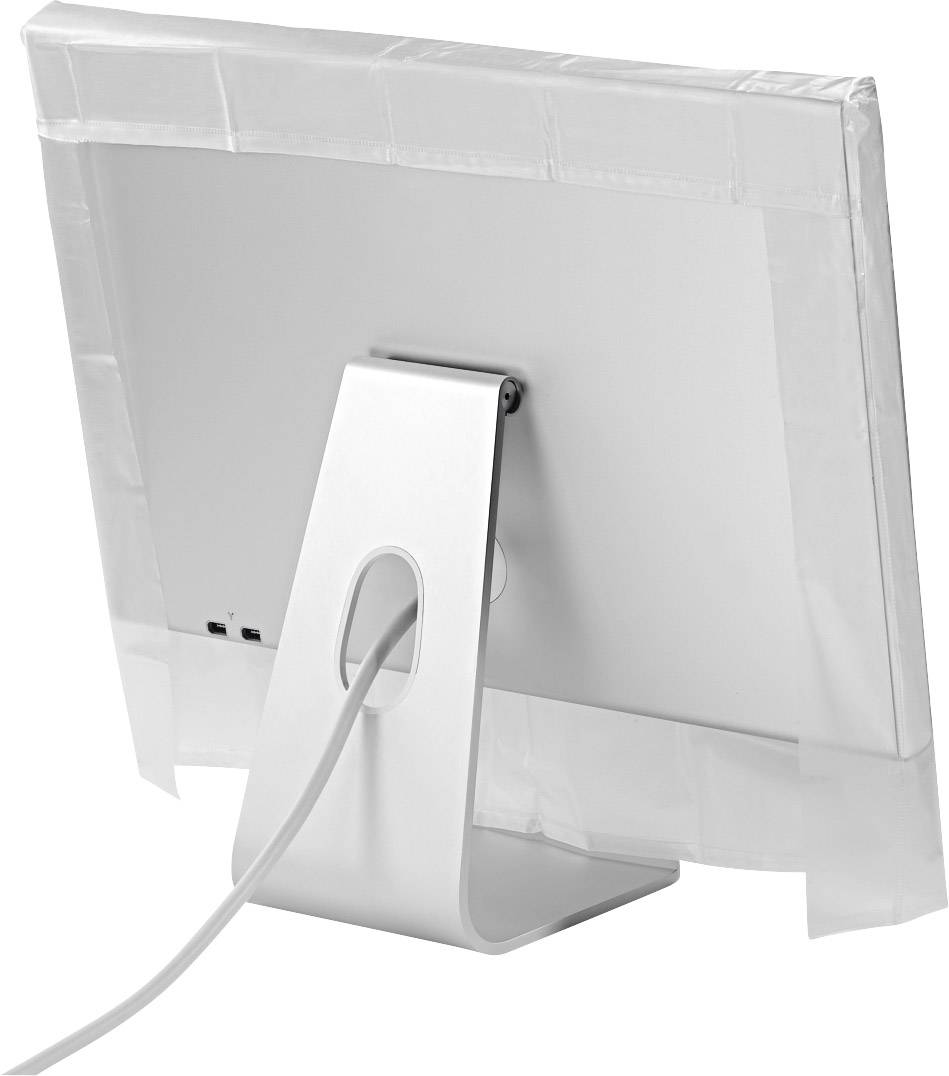 Un moniteur, vu de dos, avec un film de protection blanc sur l'écran. Le câble est branché à l'arrière.