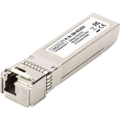 Un module SFP pour connexion réseau, portant l'inscription 'DIGITUS Professional' et des spécifications techniques sur une étiquette.