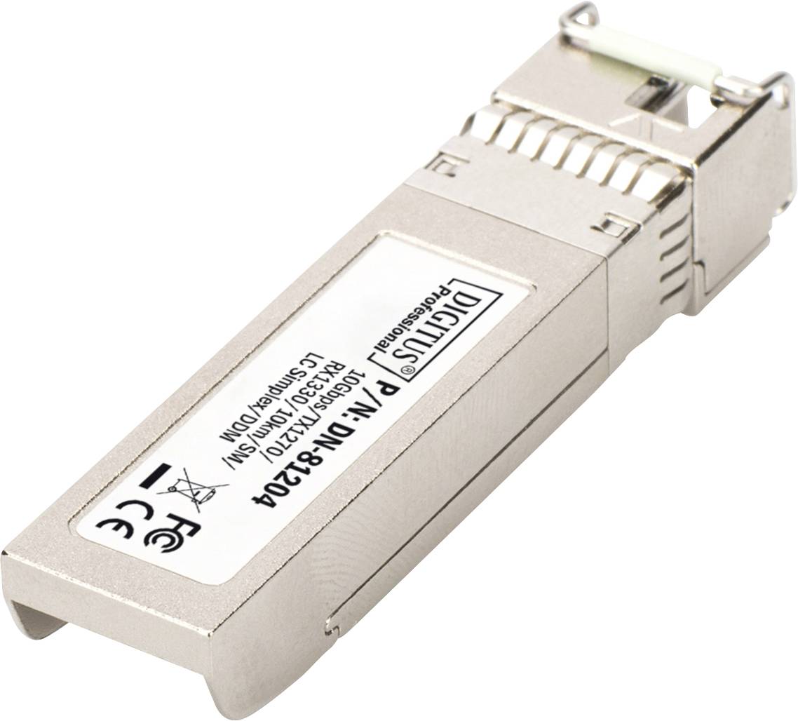 Un transceiver SFP argenté portant l'inscription « DIGITUS Professional », adapté aux connexions réseau en technologie à fibre optique.