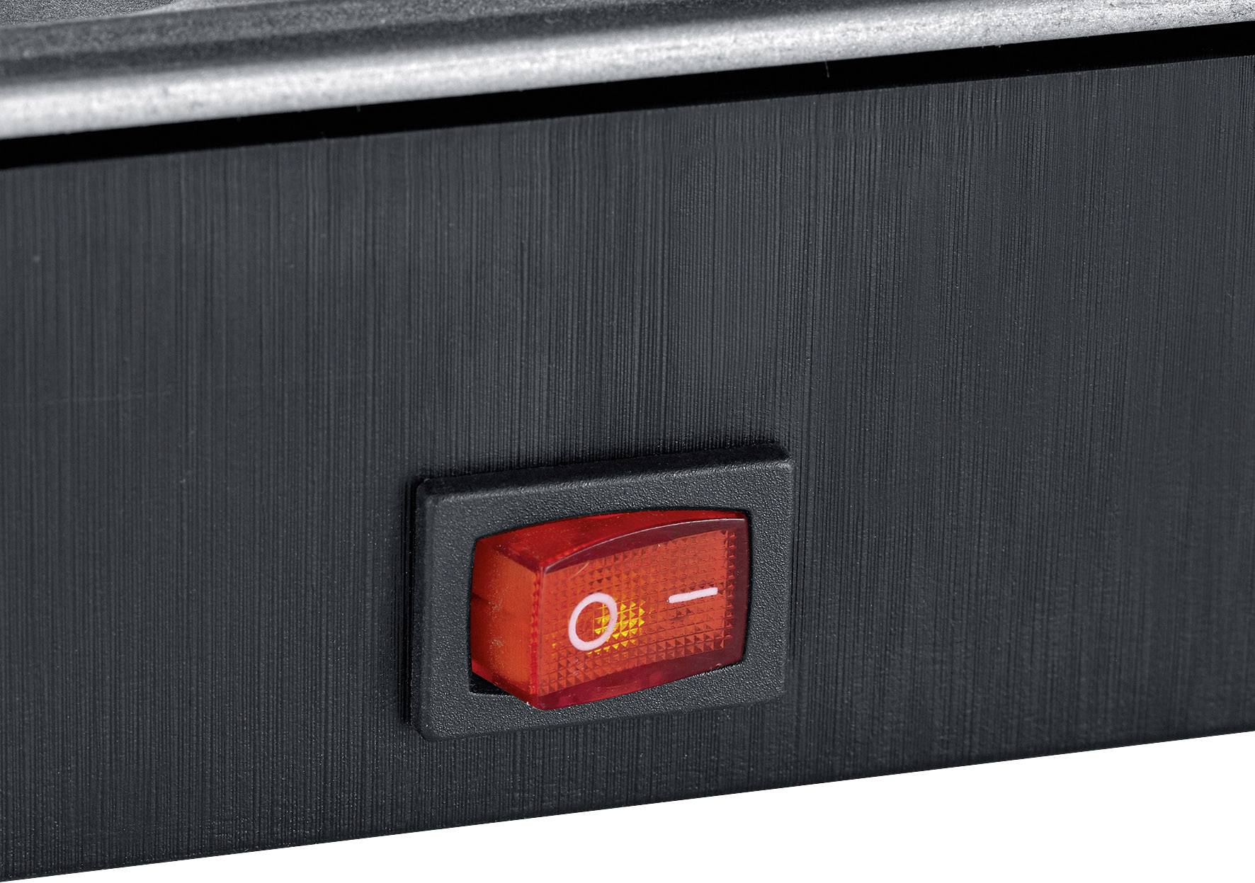 Un interrupteur à bascule rouge sur un appareil noir est éteint, signalé par le symbole 'O'.