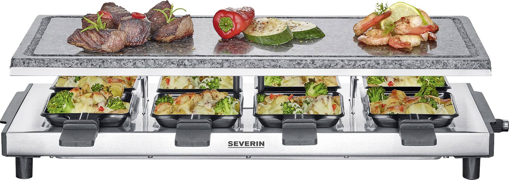 Grill à raclette avec plaque chauffante ; grille de la viande, des légumes et des crevettes en haut, avec huit petites poêles pour différents ingrédients en bas.