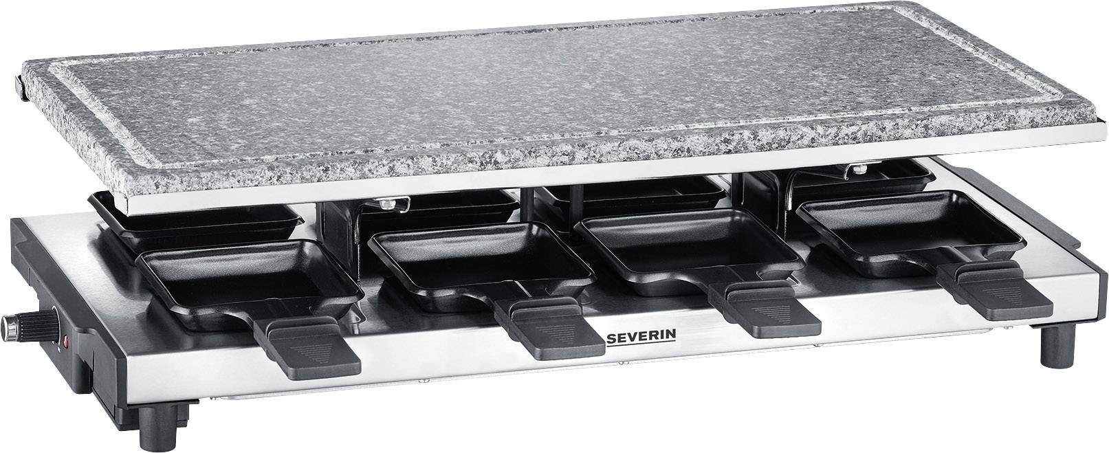 Appareil à raclette avec plaque de pierre, six petites poêles en dessous. Adapté pour griller et gratiner. Idéal pour les repas conviviaux.