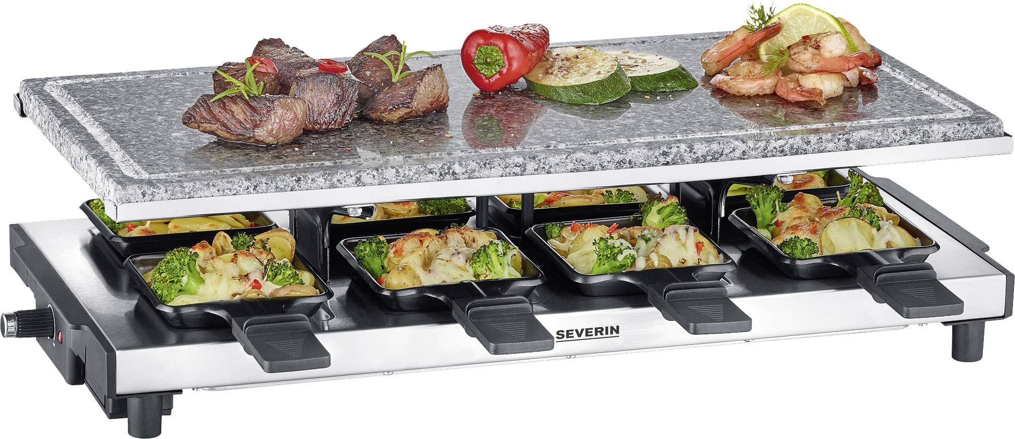 Appareil à raclette sur table avec huit petites poêles remplies de légumes et de fromage. En haut, grillent de la viande et des légumes.