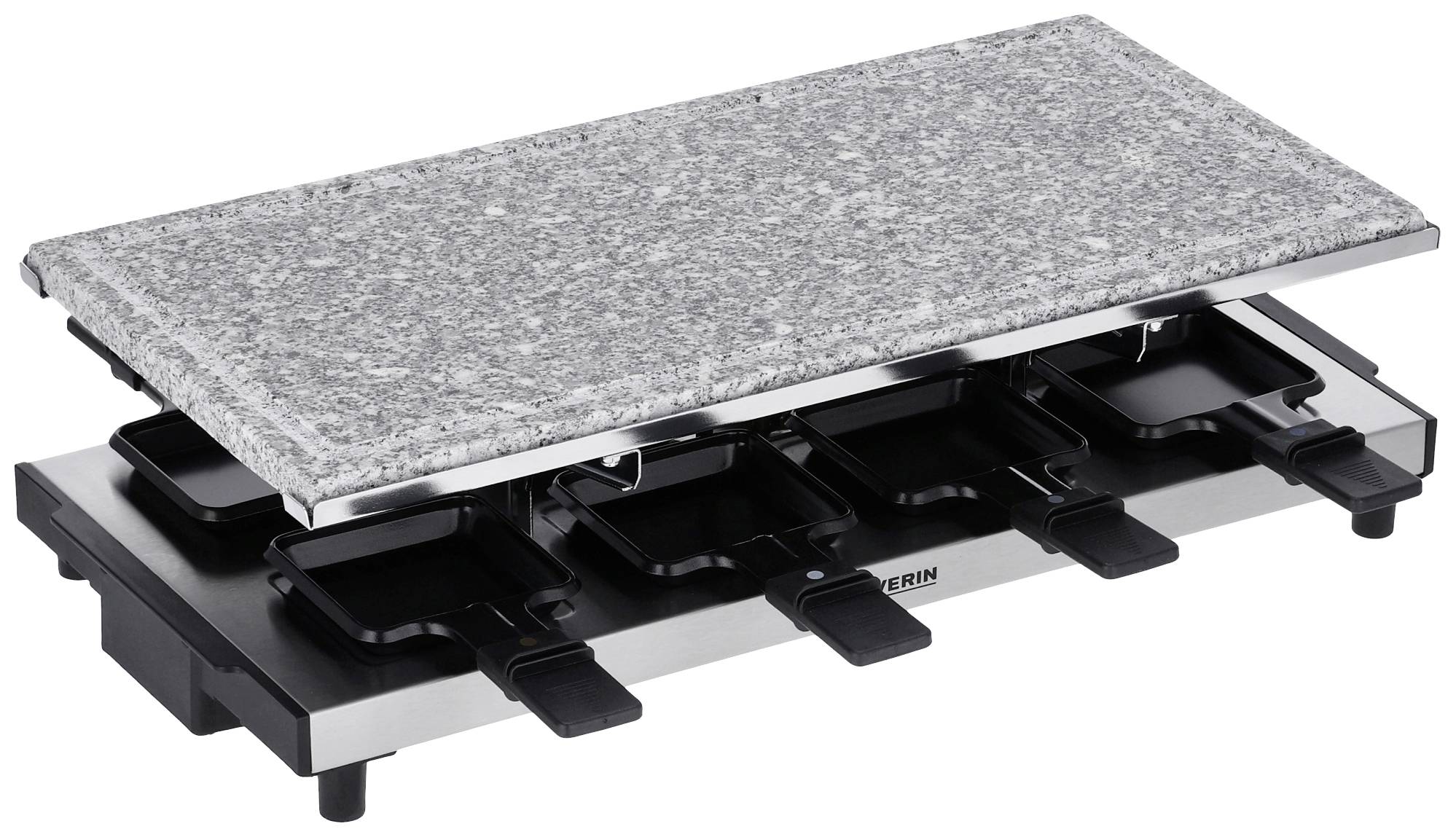 Un grill à raclette avec une plaque de pierre et six petites poêles en dessous. Idéal pour un repas convivial où différents aliments peuvent être préparés simultanément.