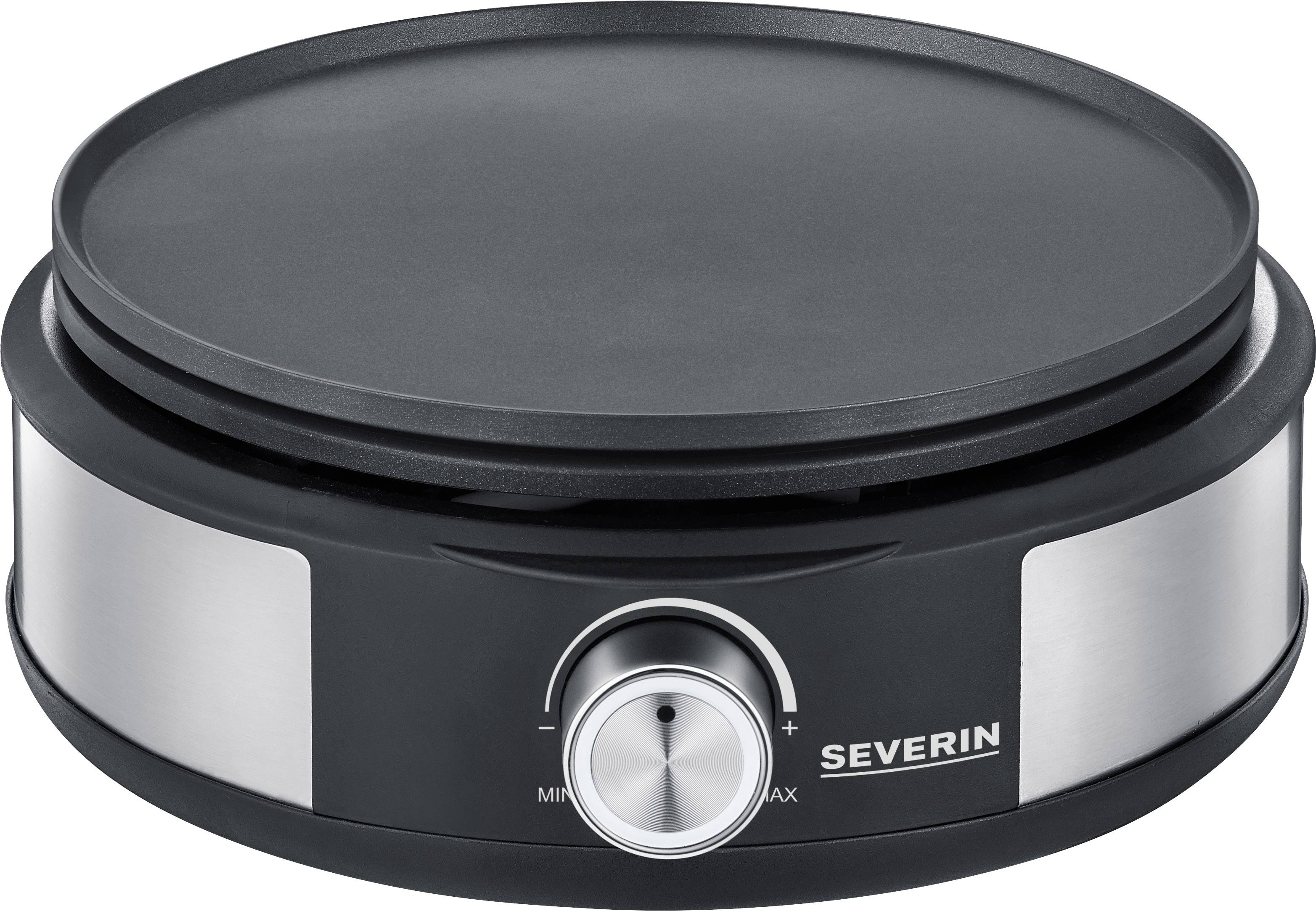 Crêpière noir avec détails argentés et réglage de température. Marque 'Severin'. Appareil de préparation de crêpes fines.