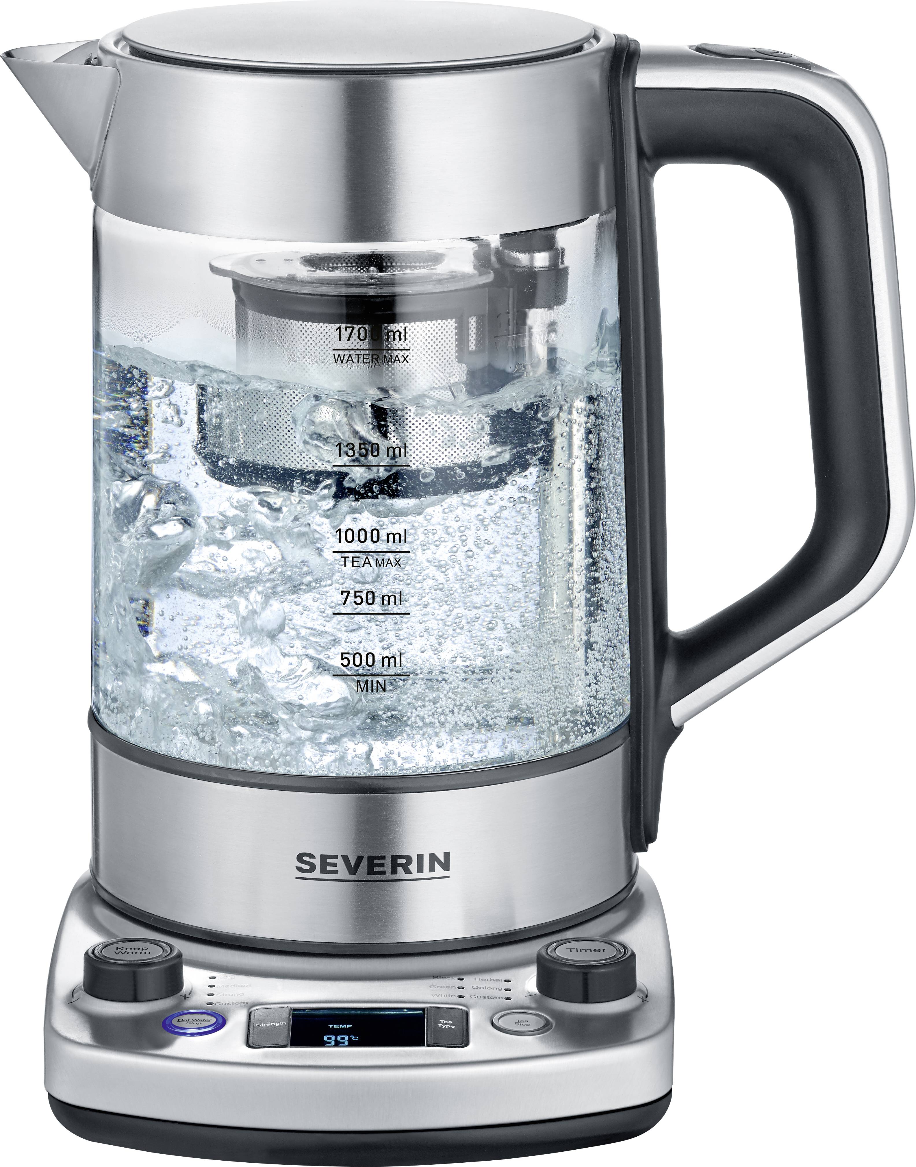 Bouilloire électrique en acier inoxydable et verre, avec indication du niveau d'eau en millilitres. Fonction ébullition visible.