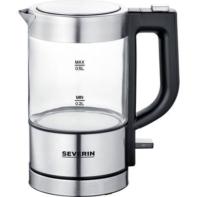 Un bouilloire en verre avec des touches en acier inoxydable. Capacité maximale de 0,5 litres. Nom de marque 'SEVERIN' sur la base.