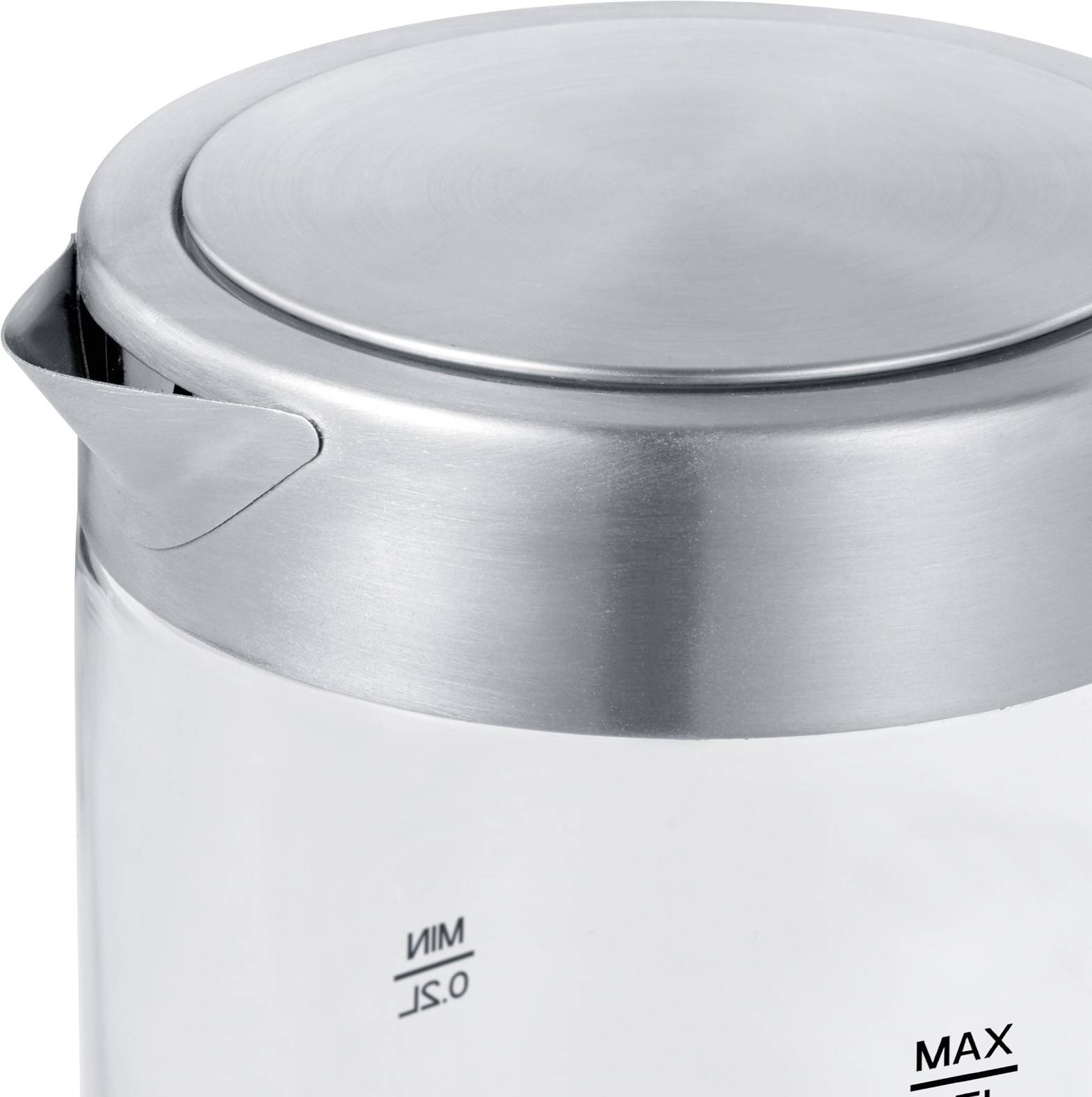 Une bouilloire avec un couvercle en acier inoxydable et des repères de niveau de remplissage minimal et maximal.