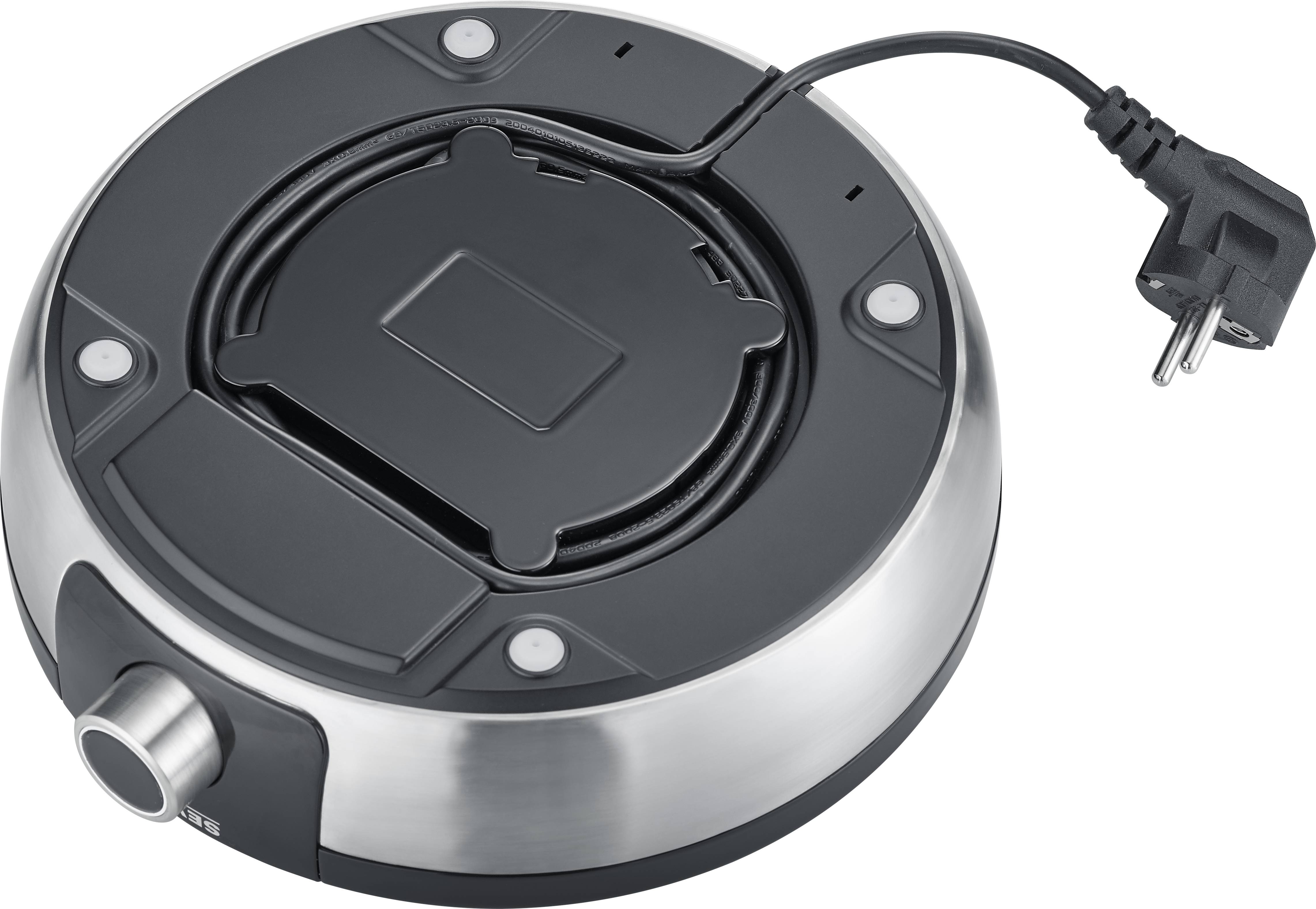 Dessous de plat chauffant électrique en acier inoxydable, câble enroulé autour de la base, fiche européenne.