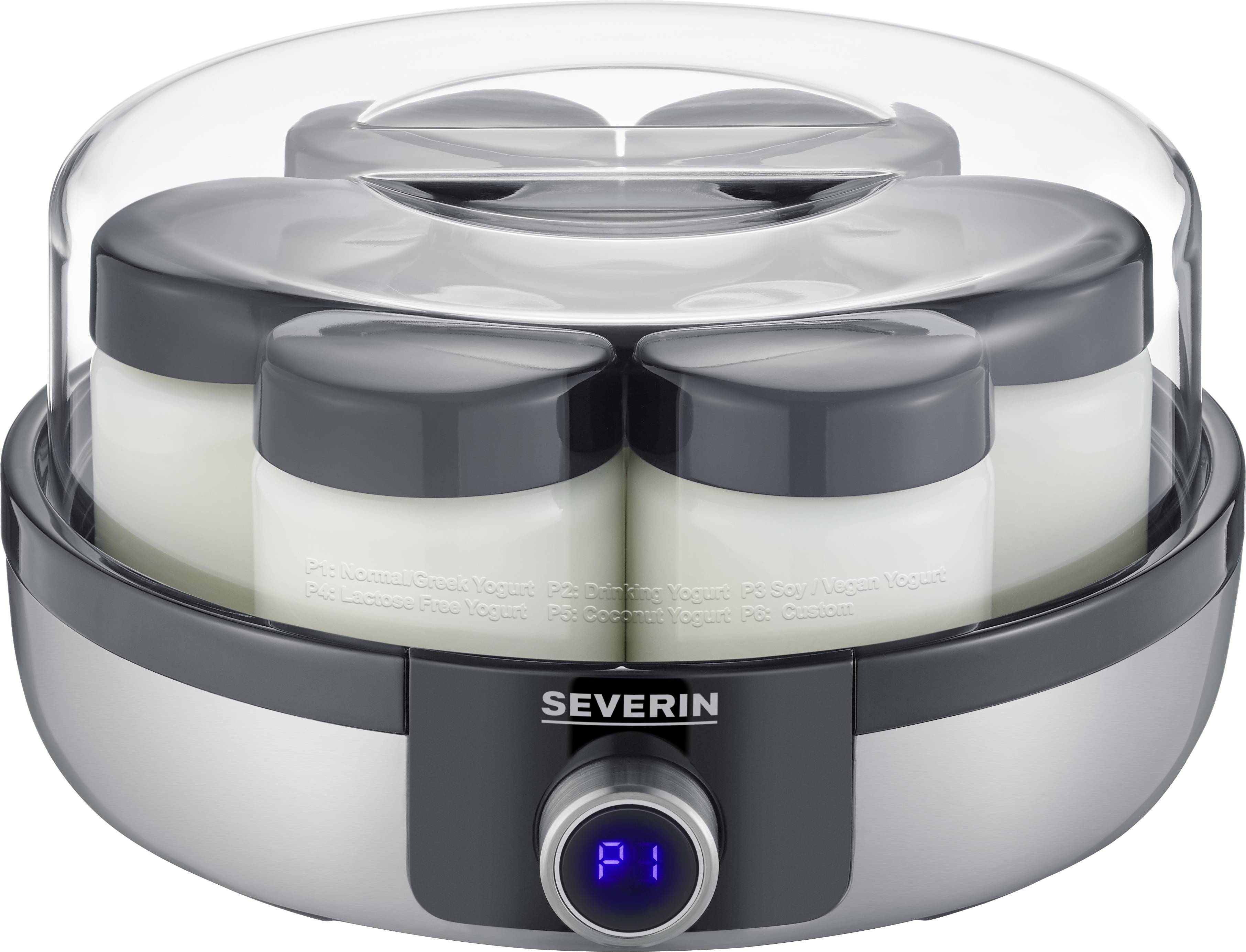 Préparateur de yaourt Severin avec couvercle transparent et sept pots. Adapté pour la préparation de yaourt maison.