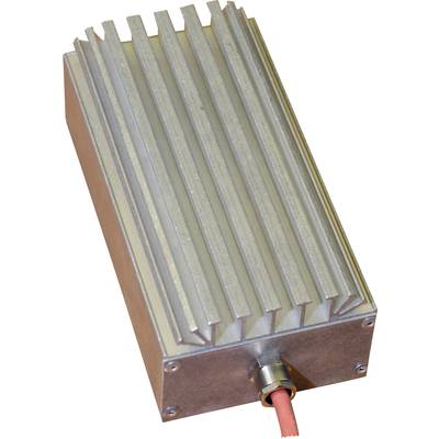 Bloc métallique avec ailettes de refroidissement et un câble connecté, probablement un composant électronique ou un dissipateur thermique.