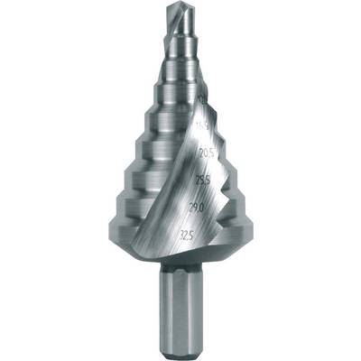 Foret étagé avec plusieurs étapes clairement identifiables et des indications de diamètre gravées de 4,0 à 32,5 mm. Idéal pour les perçages métalliques.
