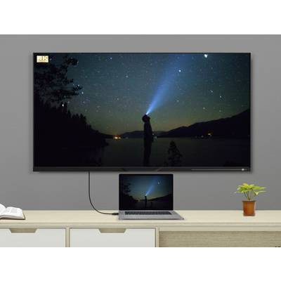 Un homme avec une lampe frontale regarde le ciel nocturne étoilé, l'écran affiche une image identique. L'ordinateur portable se connecte à un grand moniteur.