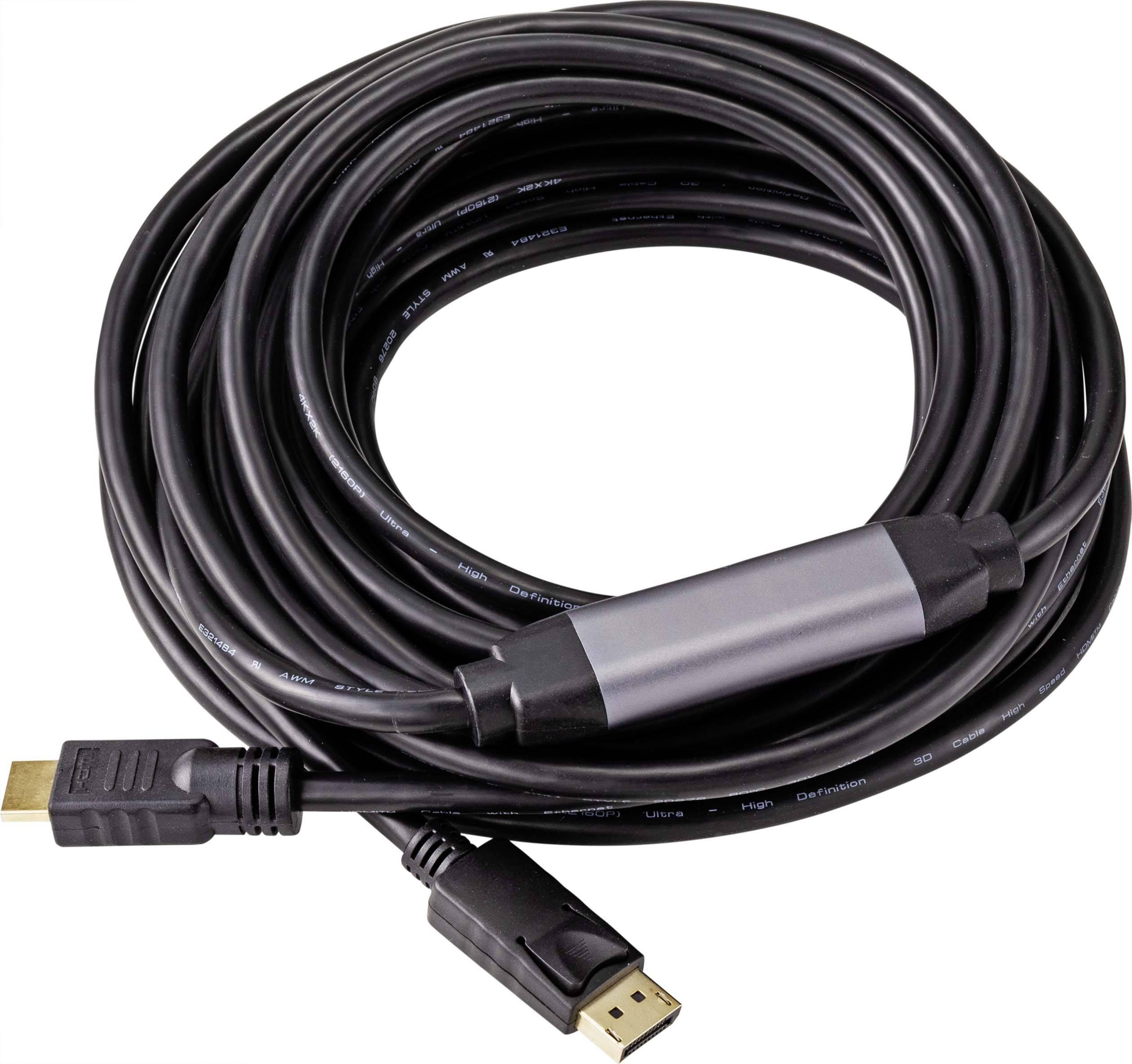 Un long câble HDMI noir avec des connecteurs aux deux extrémités, enroulé. Adapté pour la transmission de signaux audio et vidéo.