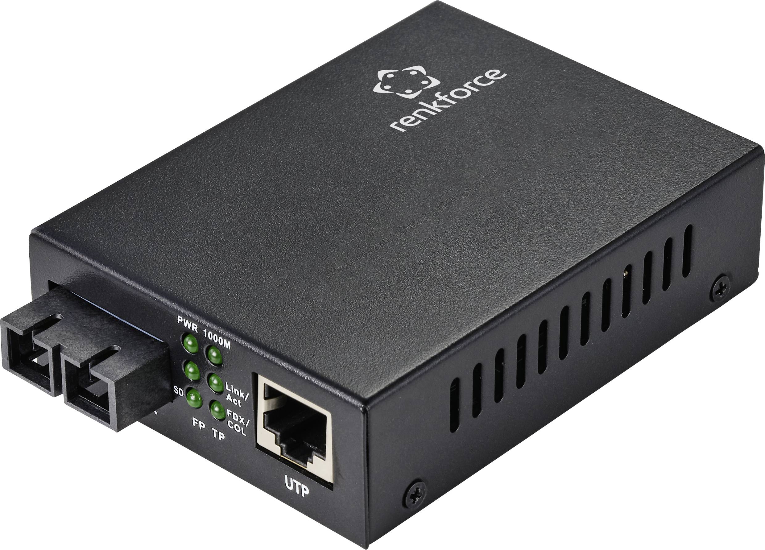 Convertisseur multimédia 'Renkforce', boîtier noir, port optique à gauche, port Ethernet à droite, voyants verts indiquant l'activité.