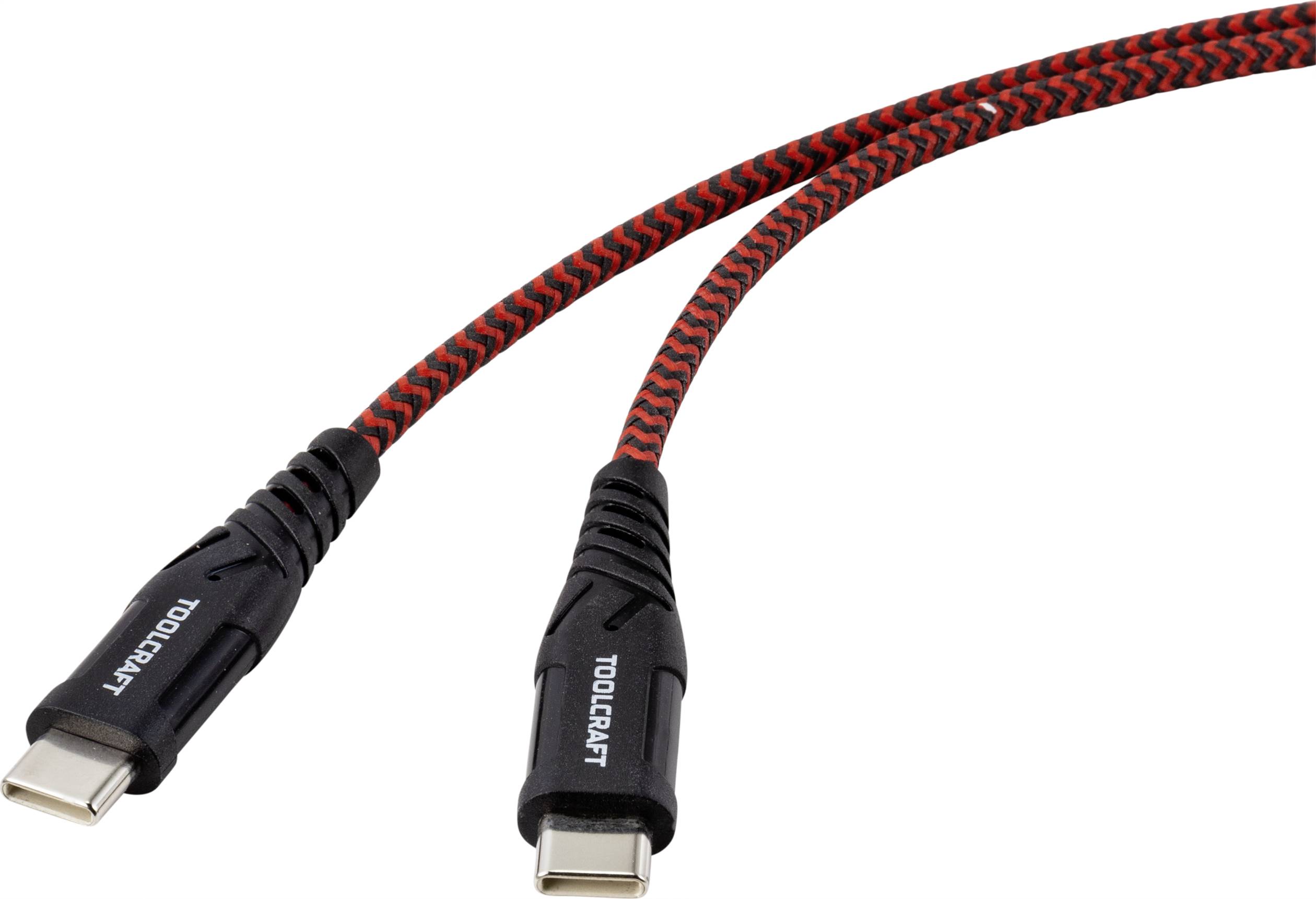 TOOLCRAFT Câble USB USB 2.0 USB-C® mâle, USB-C® mâle 1.00 m noir-rouge blindage par tresse extrêmement robuste TO-6872838