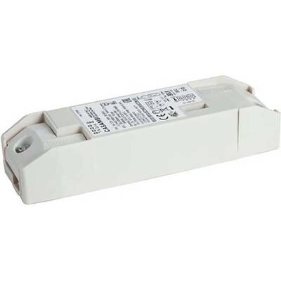 Un bloc d'alimentation LED rectangulaire blanc avec des spécifications techniques sur le dessus. Le logo de la marque et les symboles sont visibles.
