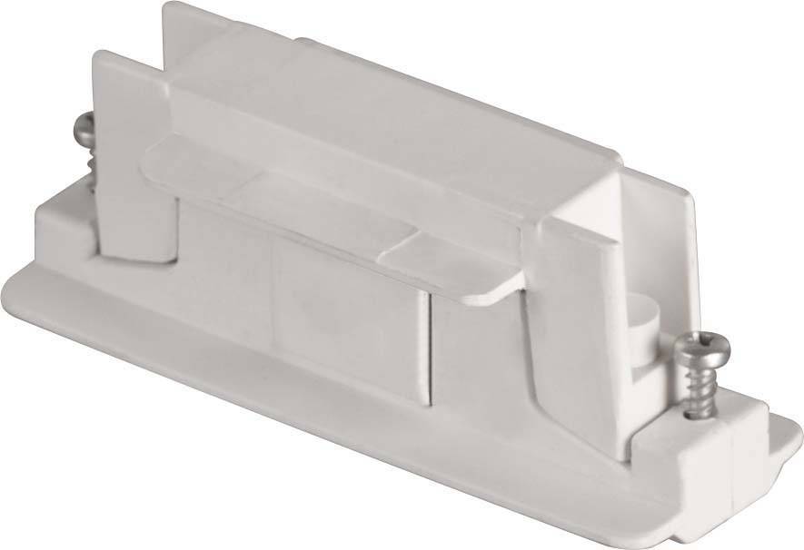 Un support en plastique blanc avec deux vis aux extrémités, probablement utilisé pour fixer des objets ou des appareils.