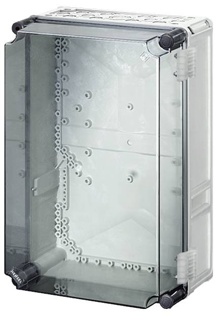 Boîtier en plastique transparent, rectangulaire, avec des trous de vis visibles et des points de fixation, adapté pour les composants électroniques.