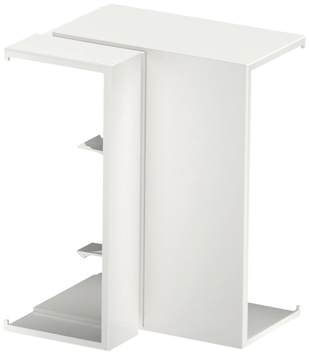 Une table d'appoint moderne, blanche et anguleuse avec deux étagères ouvertes sur le côté.
