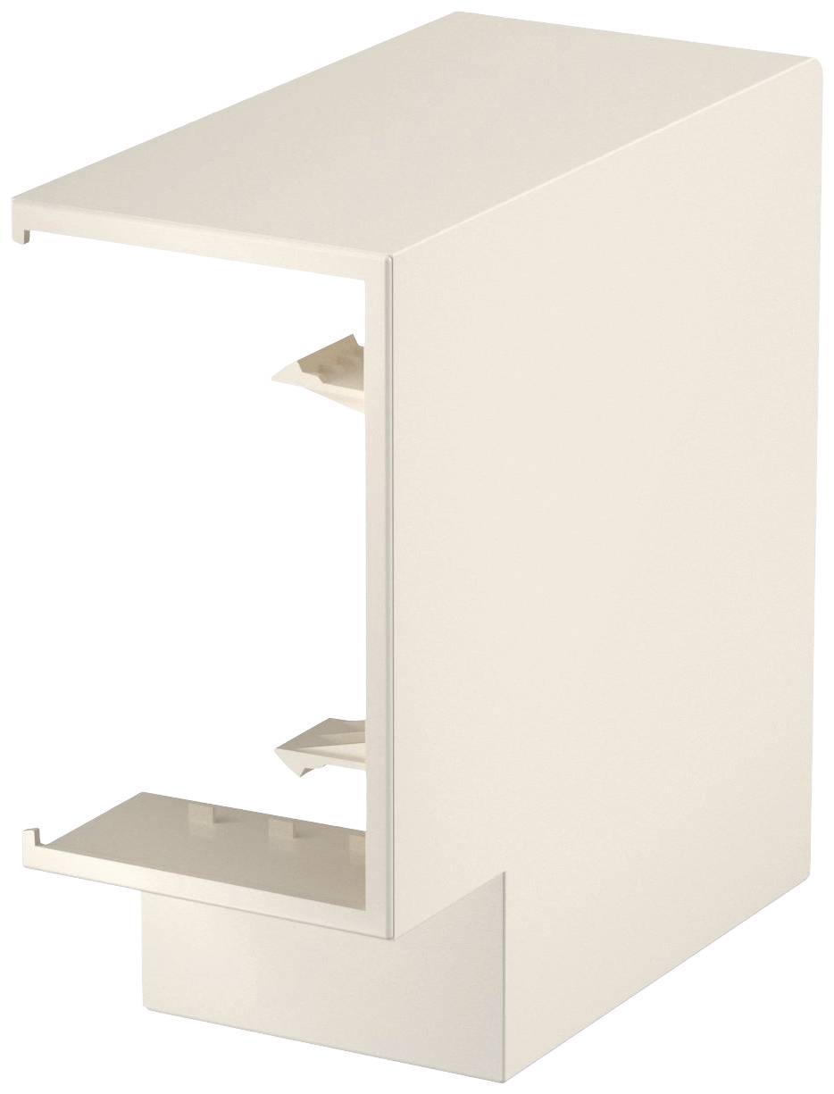 Un profilé rectangulaire blanc en plastique avec deux ouvertures latérales, utilisé pour couvrir des câbles ou des conduites.