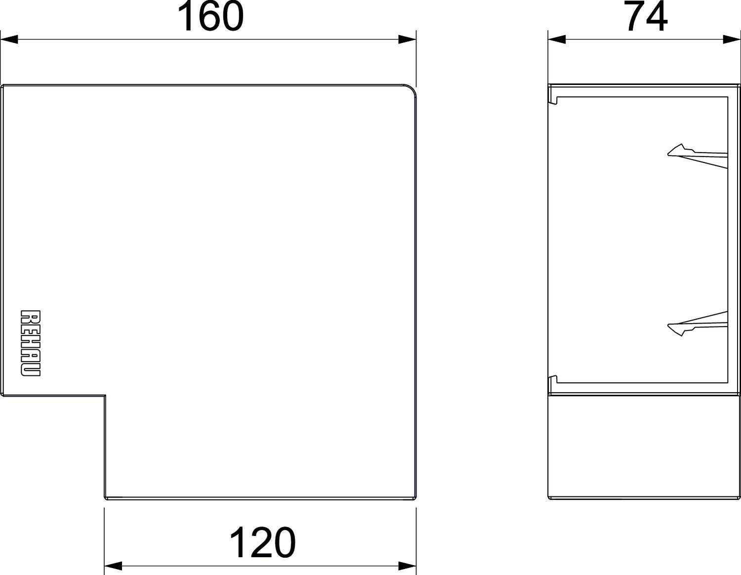 Diagramme d'une pièce pliée en L avec dimensions : 160 mm de long, 120 mm de large, 74 mm de hauteur. Logo visible en haut à gauche.