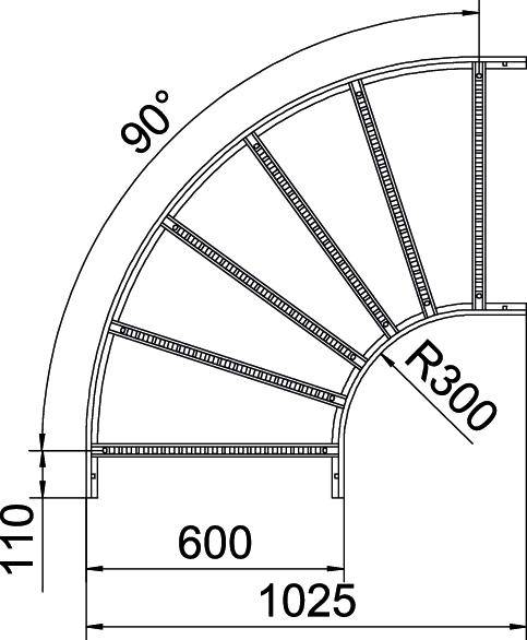 Diagramme d'un escalier quart-tournant avec un rayon de 300 mm. Dimensions des marches : largeur de 600 mm, longueur totale de 1025 mm. Angle : 90 degrés.