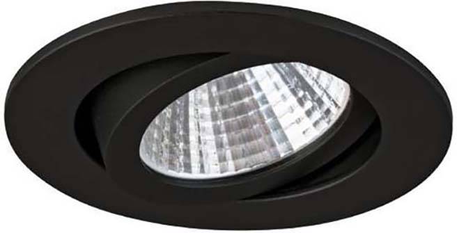 Spot encastrable rond avec cadre noir et réflecteur brillant, adapté pour un éclairage d'accentuation dans les espaces intérieurs.