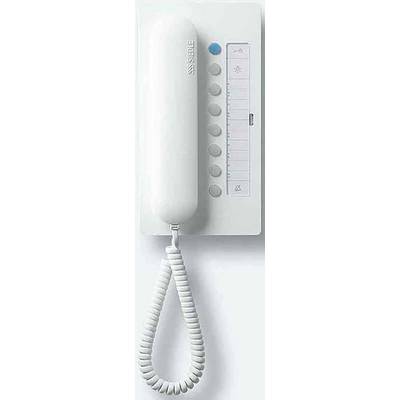 Un téléphone mural blanc avec combiné et plusieurs touches de numérotation. Un bouton bleu en haut à droite ; en dessous, un curseur vertical.