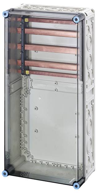 Couverture transparente d'un armoire électrique avec des conducteurs horizontaux couleur cuivre et un bordage bleu dans les coins.