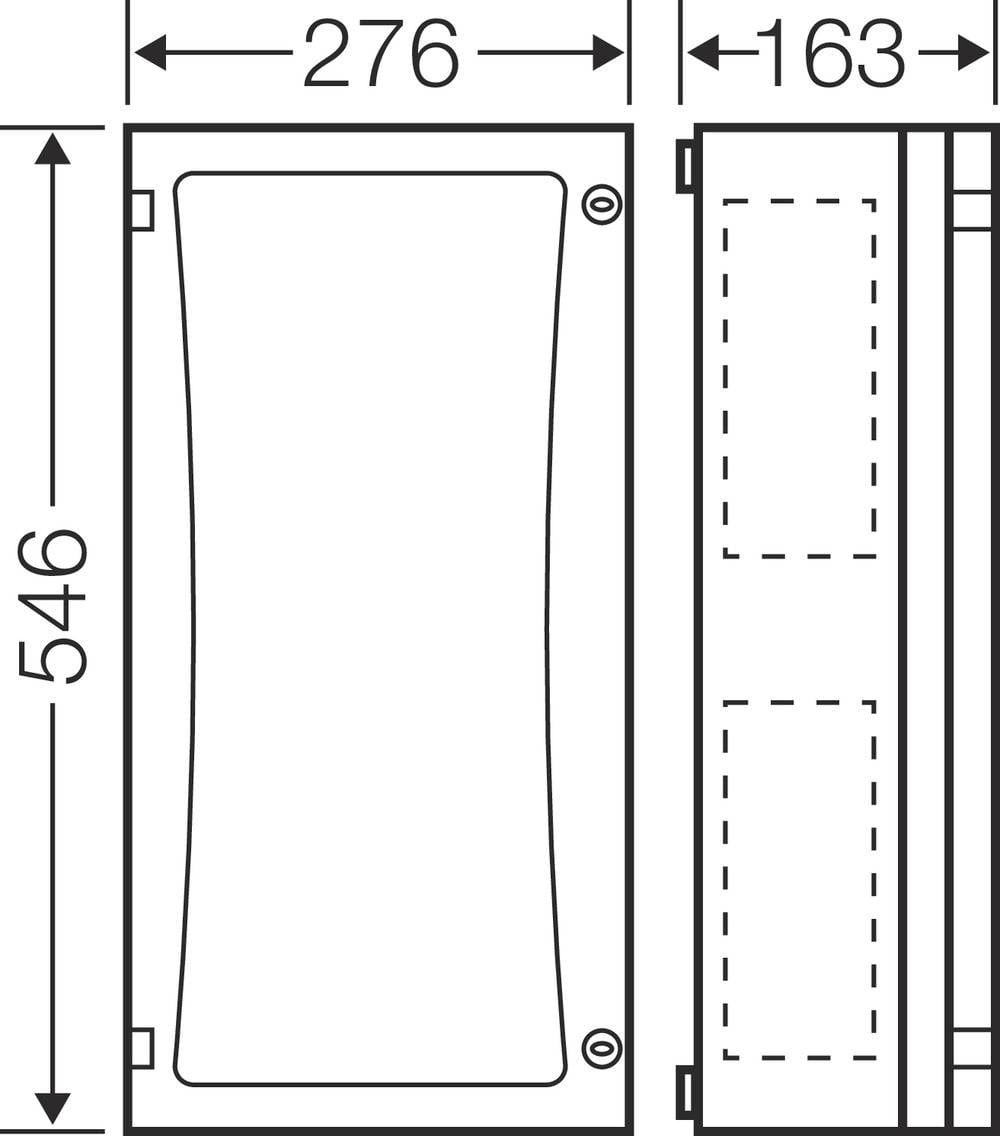 Diagramme d'un objet rectangulaire aux dimensions 276 x 546 x 163 mm. Présente les vues de face et de côté avec des détails développés.