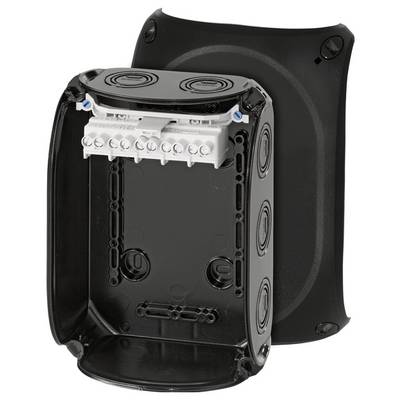 Boîtier électrique ouvert, noir, avec plusieurs ouvertures de câbles et supports pour installations électriques.