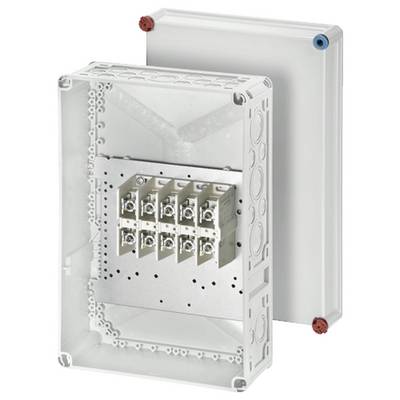 Boîtier en plastique transparent ouvert, montrant le circuit intérieur avec plusieurs bornes de connexion. Boîtier fermé à l'arrière. But : Gérer les connexions électriques.