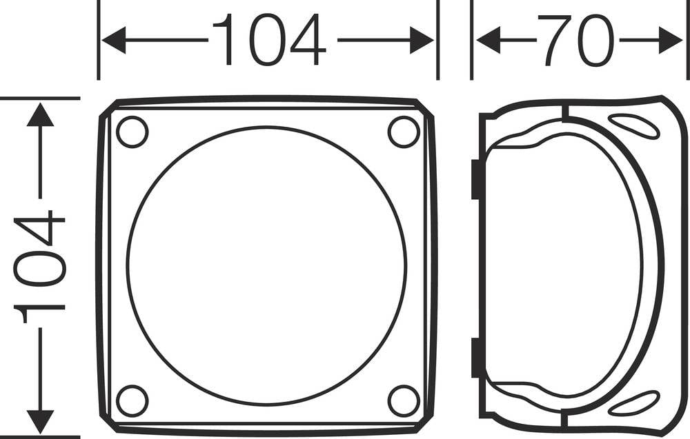 Dessin technique d'une plaque carrée aux angles arrondis. Dimensions : 104x104 mm avec une largeur de 70 mm sur le côté.