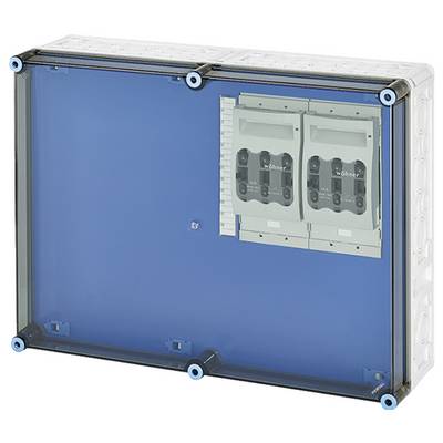 'Boîte de distribution électrique avec un couvercle transparent bleu, deux disjoncteurs installés et plusieurs emplacements.'