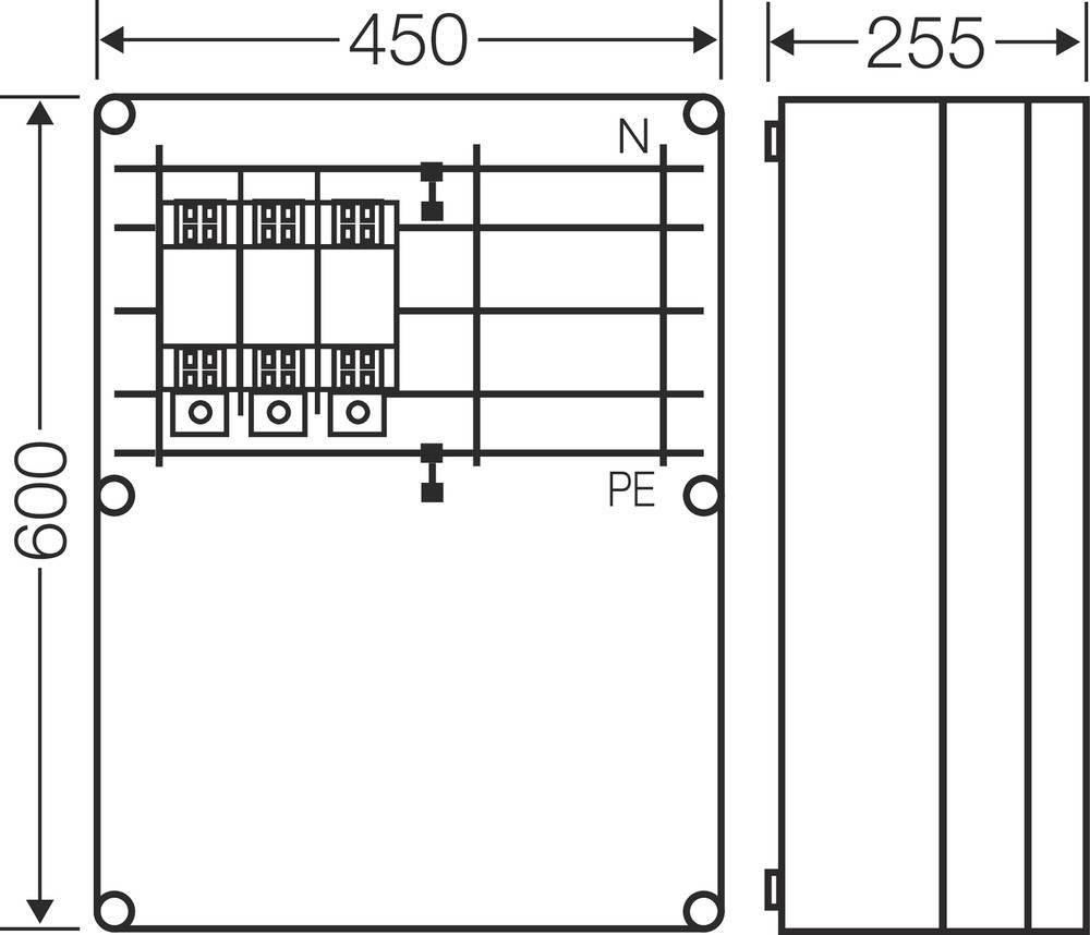 Dessin d'un boîtier de raccordement électrique rectangulaire. Dimensions : 600 mm x 450 mm x 255 mm. Indique les positions des bornes N et PE.