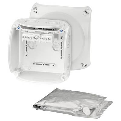 Boîte de raccordement électrique en plastique blanc, ouverte avec des bornes visibles. En dessous, un sachet en aluminium fermé.