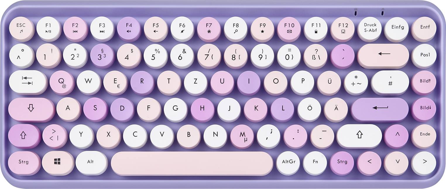 Clavier rétro de couleur lilas avec des touches rondes pastel en rose, blanc et lilas. Les touches sont disposées selon la disposition QWERTZ.