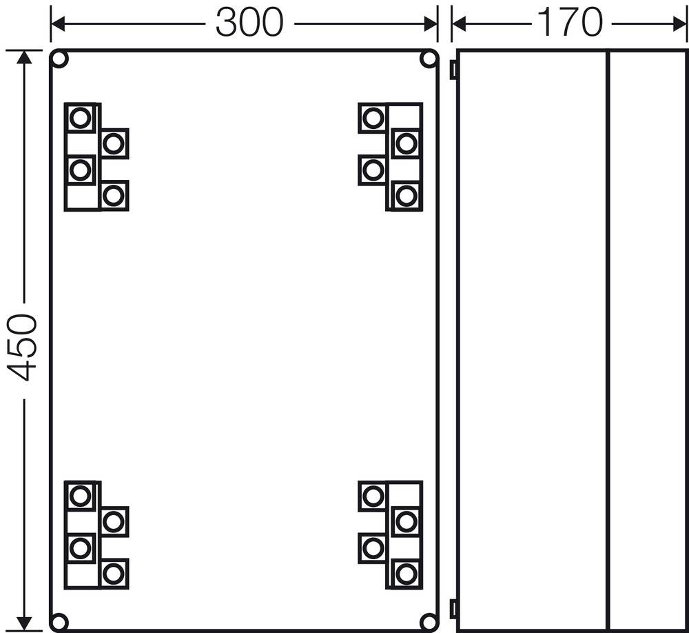 Dessin technique d'un bloc rectangulaire de dimensions 300x450. Petits éléments carrés aux angles. Vue latérale présentant deux segments.