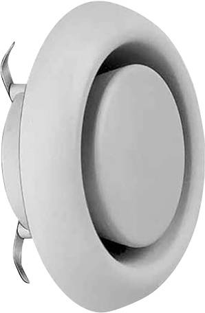 Sortie d'air ronde, blanche, avec centre réglable et pinces métalliques sur les côtés pour la fixation. Adaptée aux systèmes de ventilation.
