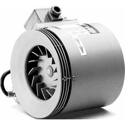 Ventilateur cylindrique gris avec des pales de rotor et des flèches de direction sur la surface pour indiquer le sens du flux d'air.