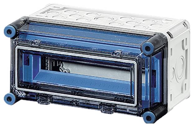 Boîte rectangulaire en plastique transparent avec des éléments bleus, probablement un boîtier électrique.