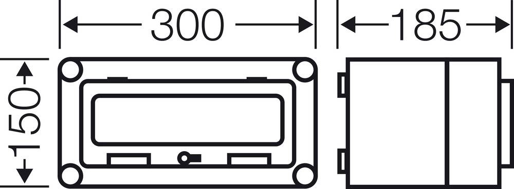 Dessin technique d'une boîte rectangulaire avec les dimensions suivantes : largeur 300 mm, hauteur 150 mm et profondeur 185 mm.