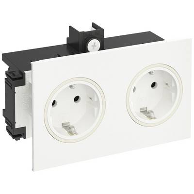Deux prises électriques blanches avec un dos noir, montées sur une plaque rectangulaire.