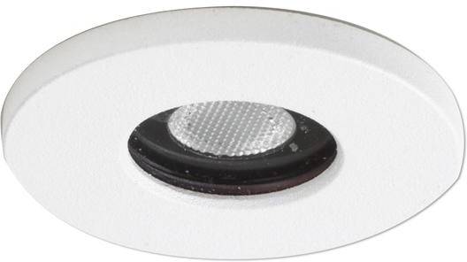 Une lampe de plafond blanche et ronde avec un anneau intérieur noir et une surface en verre structurée au centre.