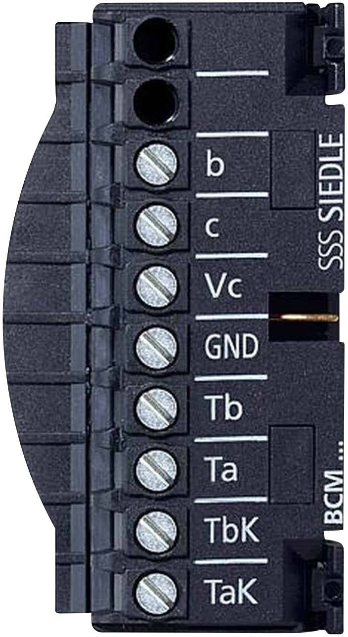 Bloc de connexion 'SSS SIEDLE' avec huit bornes à vis câblées, étiquetées de haut en bas : b, c, Vc, GND, Tb, Ta, TbK, TaK.